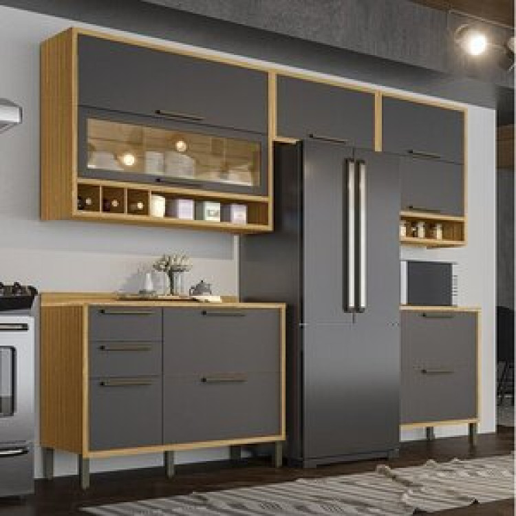 Cozinha Modulada Completa 5 Peças 8 Portas E Vidro Reflecta 280cm 100% Mdf Vicenza Espresso Móveis Amêndoa/chumbo